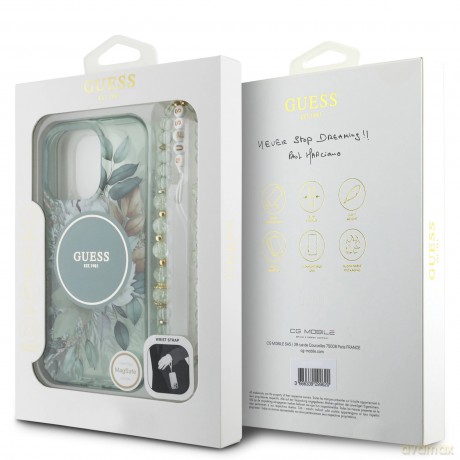 Etui Guess IML Flowers With Pearl Strap MagSafe na iPhone 16 Pro - zielone