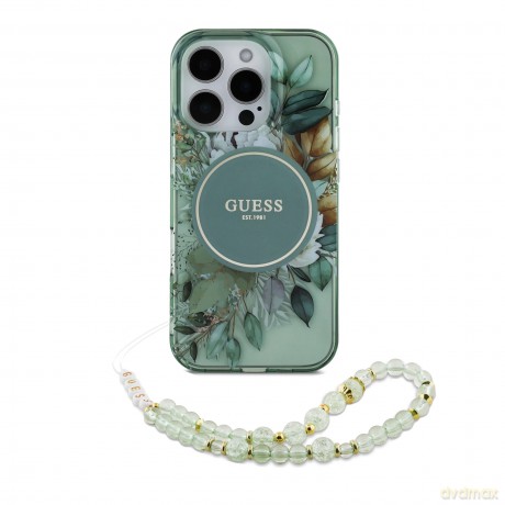 Etui Guess IML Flowers With Pearl Strap MagSafe na iPhone 16 Pro - zielone