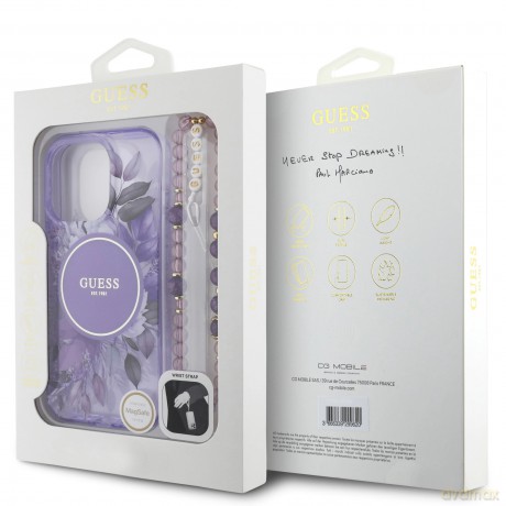 Etui Guess IML Flowers With Pearl Strap MagSafe na iPhone 16 Pro - fioletowe