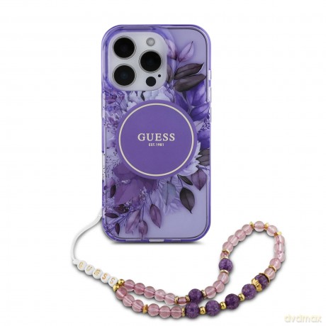 Etui Guess IML Flowers With Pearl Strap MagSafe na iPhone 16 Pro - fioletowe