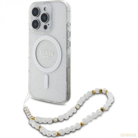 Etui Guess IML Glitter With Pearl Strap MagSafe na iPhone 16 Pro - przezroczyste