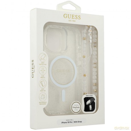 Etui Guess IML Glitter With Pearl Strap MagSafe na iPhone 16 Pro - przezroczyste