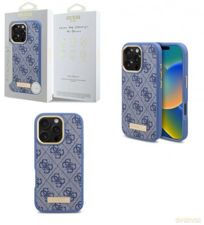 Etui Guess 4G Logo Plate MagSafe na iPhone 16 Pro - niebieskie