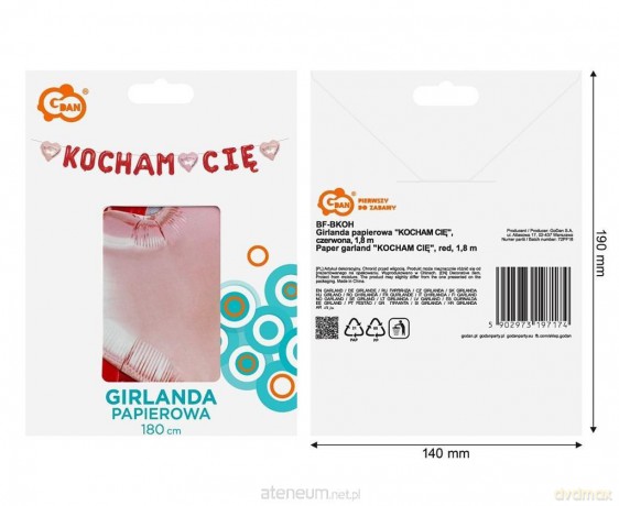 Girlanda papierowa Kocham Cię czerwona 1,8m