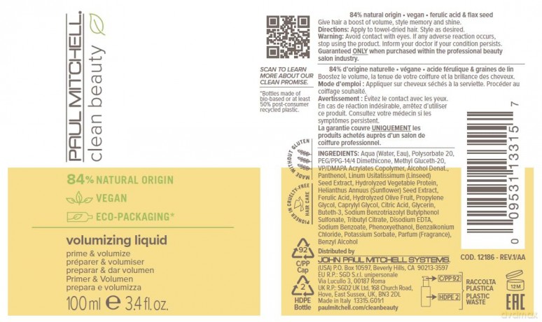 Paul Mitchell Serum for the volume of fine hair Clean Beauty (Volumizing Liquid) 100 ml dla kobiety