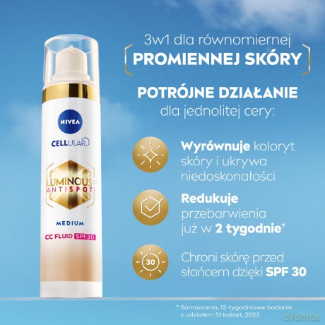 Nivea CC cream Cellular Luminous630 SPF 30 40 ml - Shade: Medium dla kobiety