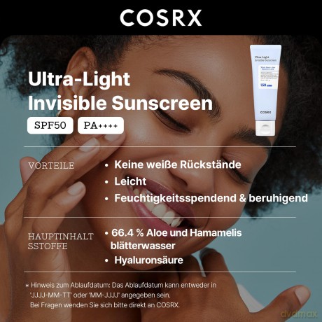 COSRX Moisturizing skin cream for tanning SPF 50 Ultra Light (Invisible Sunscreen) 50 ml dla kobiety