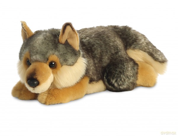 AURORA, 26264, MiYoni Wolf Lying, 11In, Soft Toy,for ages 0+, Brown and Grey