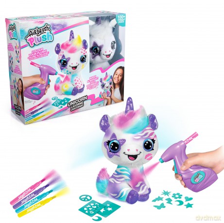Airbrush Plush Unicorn, Decorate Over + Over, 4 Wash-Off Chalk Pens, Battery Powered Airbrush, 100+ Sticker Stencils. For Ages 6+, White