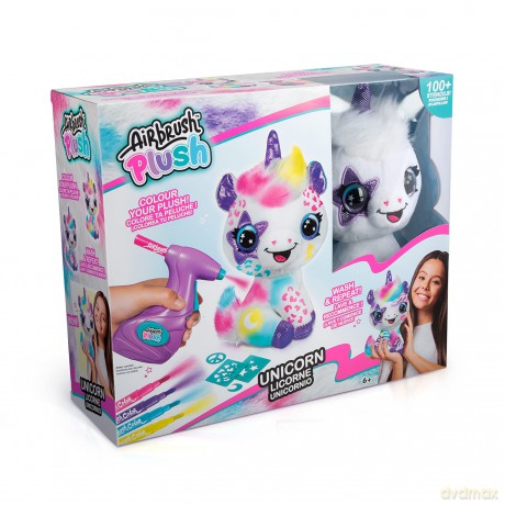 Airbrush Plush Unicorn, Decorate Over + Over, 4 Wash-Off Chalk Pens, Battery Powered Airbrush, 100+ Sticker Stencils. For Ages 6+, White