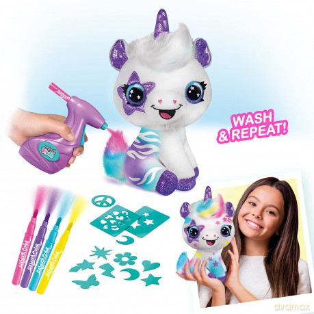 Airbrush Plush Unicorn, Decorate Over + Over, 4 Wash-Off Chalk Pens, Battery Powered Airbrush, 100+ Sticker Stencils. For Ages 6+, White