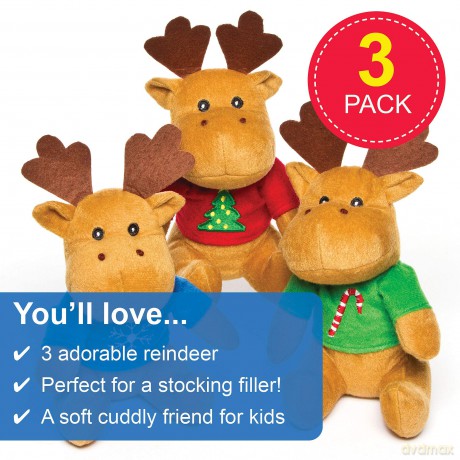 Baker Ross AF816 Reindeer Christmas Jumper Plush Pals - Novelty Toys for Kids, Perfect Party, Loot or Prize Bag Filler (Pack of 3), Assorted