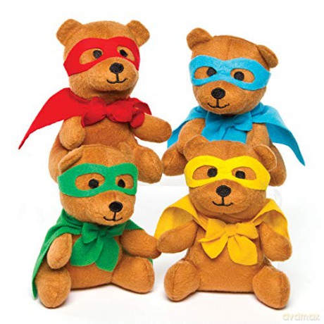 Baker Ross AG650 Star Hero Plush Bears, Perfect for Childrens Toys, Ideal for School Toys, Gifting, Party Bag Fillers and More (Pack of 4),Assorted,Small