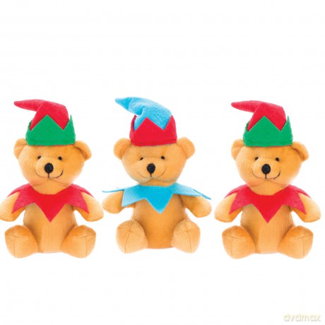 Baker Ross AV632 Christmas Elf Plush Bears, Cuddly Toys for Children to Play with Perfect Stocking and Winter Party Bag Fillers (Pack of 3), Assorted
