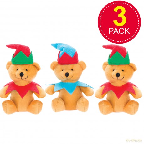 Baker Ross AV632 Christmas Elf Plush Bears, Cuddly Toys for Children to Play with Perfect Stocking and Winter Party Bag Fillers (Pack of 3), Assorted