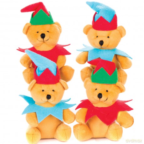 Baker Ross AV632 Christmas Elf Plush Bears, Cuddly Toys for Children to Play with Perfect Stocking and Winter Party Bag Fillers (Pack of 3), Assorted