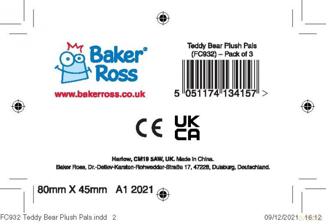 Baker Ross FC932 Teddy Bear Plush Pals - Pack of 3, Soft Toys for Kids, Party Bag Fillers for Kids, Kids Toys