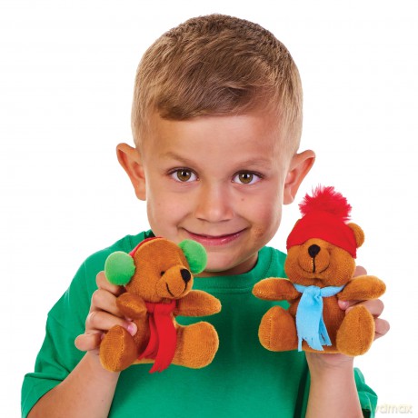 Baker Ross FX599 Winter Teddy Bear Soft Toys - Pack of 4, Christmas Party Bag Fillers for Kids