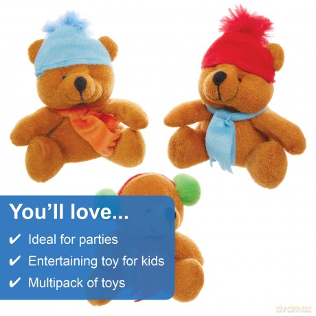 Baker Ross FX599 Winter Teddy Bear Soft Toys - Pack of 4, Christmas Party Bag Fillers for Kids