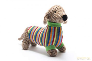 Best Years Knitted Sausage Dog Soft Toy with Multi Striped Jumper. Suitable from Birth
