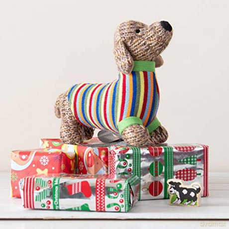 Best Years Knitted Sausage Dog Soft Toy with Multi Striped Jumper. Suitable from Birth