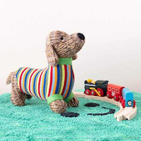 Best Years Knitted Sausage Dog Soft Toy with Multi Striped Jumper. Suitable from Birth