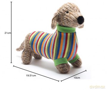 Best Years Knitted Sausage Dog Soft Toy with Multi Striped Jumper. Suitable from Birth