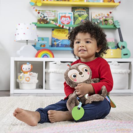 Bright Starts Slingin' Sloth Travel Buddy Plush Stuffed Animal Take-Along Stroller or Carrier Toy, Ages 0 Month+