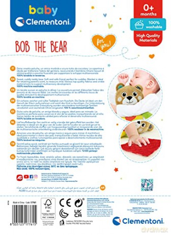 Clementoni 17761 Bob Toddler, Plush Blanket, Teddy Bear, Infant, Activity 0 Months, Cuddly, Animal Soft Toy, 100% Machine Washable