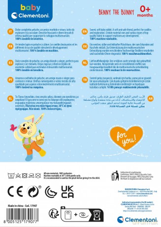 Clementoni Baby Infant Plush Benny The Bunny-New Born Gift, Animal Soft, Early Development & Activity, Sensory Learning Toys, Cuddly Rabbit, Toddler 0 Months, Machine Washable, 17907, Multicolour