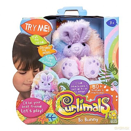 Curlimals Rainbow Bunny called Bo, Cute Interactive Rabbit Teddy Bear, Sensory Toys for Kids, Responds to Touch: Talks, Makes Noises, Curls Into a Ball!