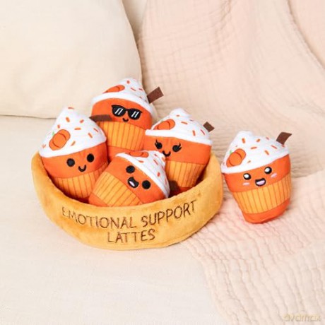 Emotional Support Lattes by Relatable, Fall Plushies Stuffed Animal Toy, Perfect Small Gift for Coffee Lovers, Gift Baskets, and Loved Ones of All Ages, Includes 5 Fall Plushies with Carrying Basket