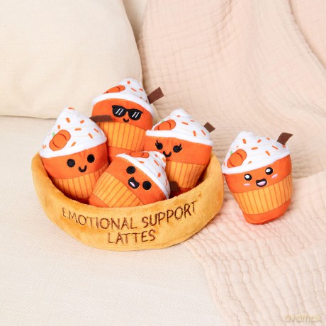 Emotional Support Lattes by Relatable, Fall Plushies Stuffed Animal Toy, Perfect Small Gift for Coffee Lovers, Gift Baskets, and Loved Ones of All Ages, Includes 5 Fall Plushies with Carrying Basket