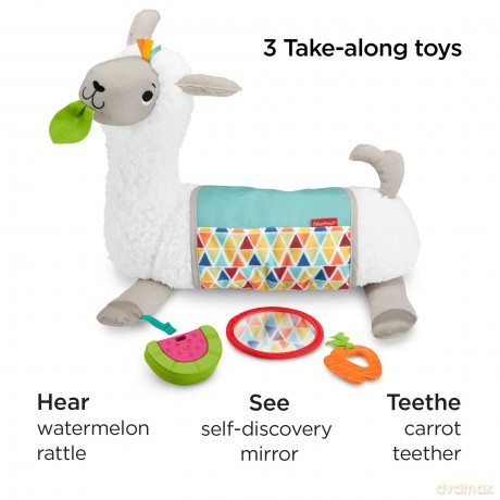 Fisher-Price Tummy Time Llama Plush, Grow-with-Me Baby Toy with Rattle, Mirror & Teether for Sensory Play, GLK39