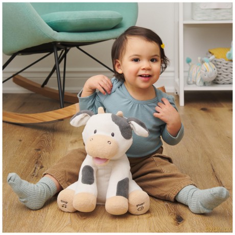 GUND Baby Buttermilk the Cow Animated Plush, Singing Stuffed Animal Sensory Toy, Sings Old MacDonald and Teaches Animal Sounds, Cream/Grey, 12"