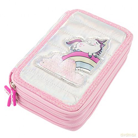 Girabrilla Nice Group Unicorn Pencil Case with 3 Compartments for Children, Duvet Effect, Pink