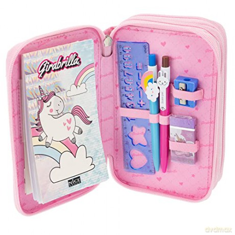 Girabrilla Nice Group Unicorn Pencil Case with 3 Compartments for Children, Duvet Effect, Pink