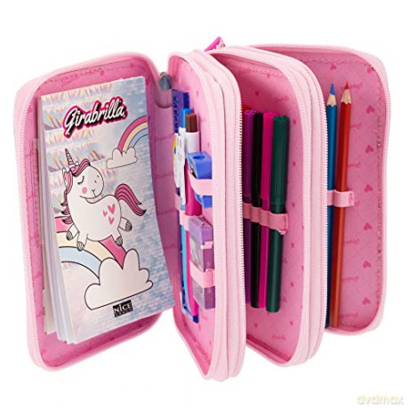Girabrilla Nice Group Unicorn Pencil Case with 3 Compartments for Children, Duvet Effect, Pink