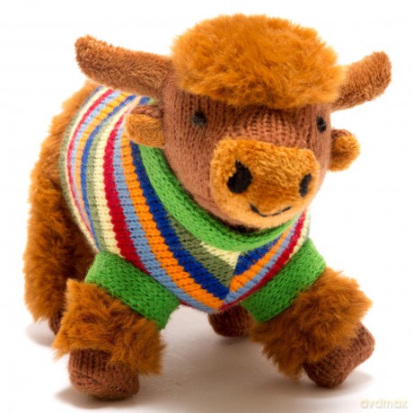 Highland Cow Baby Rattle with Knitted Rainbow Stripe Jumper, Suitable from Birth