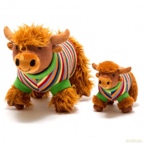Highland Cow Baby Rattle with Knitted Rainbow Stripe Jumper, Suitable from Birth