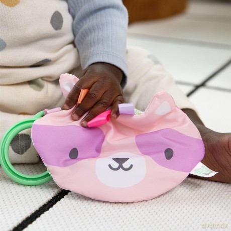 Ingenuity ity Crinklet, Raccoon Crinkle Toy for Newborn and Up, Satin Ribbon Tags, C-link Attachment, Unisex - Deni