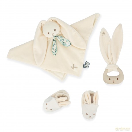 Kaloo - Lapinoo - Newborn Gift Set - Cream Colour - 3 Baby Accessories - Baby's Comforter + Teething Ring + Booties - 11 cm - 0 Months +, K218013