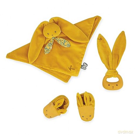 Kaloo - Lapinoo - Newborn Gift Set - Ochre Colour - 3 Baby Accessories - Baby's Comforter + Teething Ring + Booties - 11 cm - 0 Months +, K218011