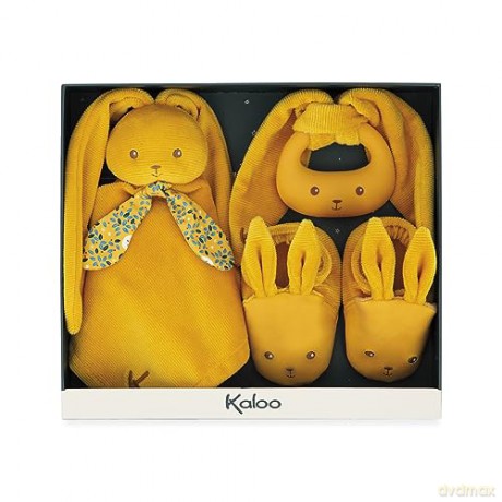 Kaloo - Lapinoo - Newborn Gift Set - Ochre Colour - 3 Baby Accessories - Baby's Comforter + Teething Ring + Booties - 11 cm - 0 Months +, K218011