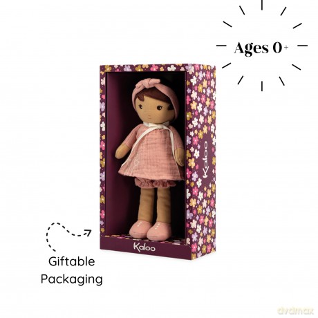 Kaloo - Tendresse - Amandine - My 1st Soft Doll - 25 cm Fabric - Pink Muslin Dress - Olive Skin - Pretty Gift Box and Customisable Ribbon - 0 Months +, K200004, MEDIUM
