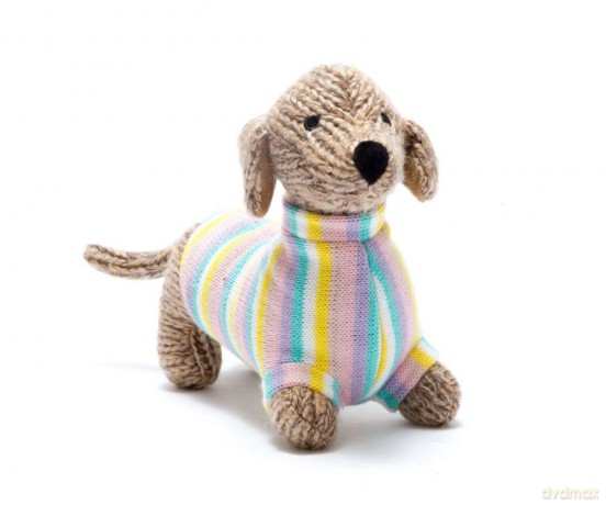 Knitted Sausage Dog Soft Toy in Pastel Stripe Jumper