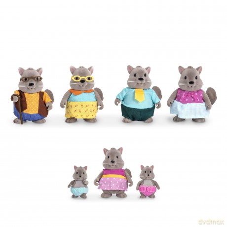 Lil Woodzeez WZ6712Z Large Battat Tiere Bustleberry Squirrel Family with Grandparents - 7pc Set with Miniature Figurines - Animal Toys and Accessories for Kids Age 3+, Multicoloured