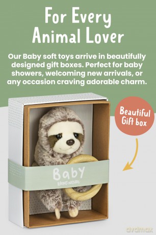 Living Nature Baby Sloth Stuffed Animal Plush Toy | Includes Teething Ring | Fluffy and Cuddly Jungle Animal | Soft Toy Gift for Newborns And Babies | Naturli Eco-Friendly, Brown