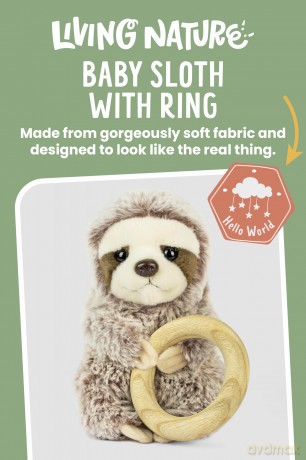 Living Nature Baby Sloth Stuffed Animal Plush Toy | Includes Teething Ring | Fluffy and Cuddly Jungle Animal | Soft Toy Gift for Newborns And Babies | Naturli Eco-Friendly, Brown