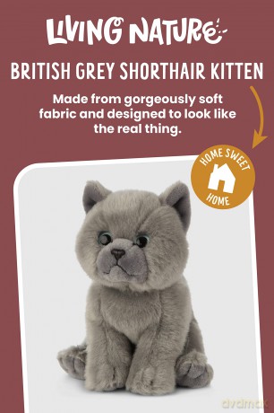 Living Nature British Grey Shorthair Kitten, Realistic Soft Cuddly Cat Toy, Naturli Eco-Friendly Plush, 17cm